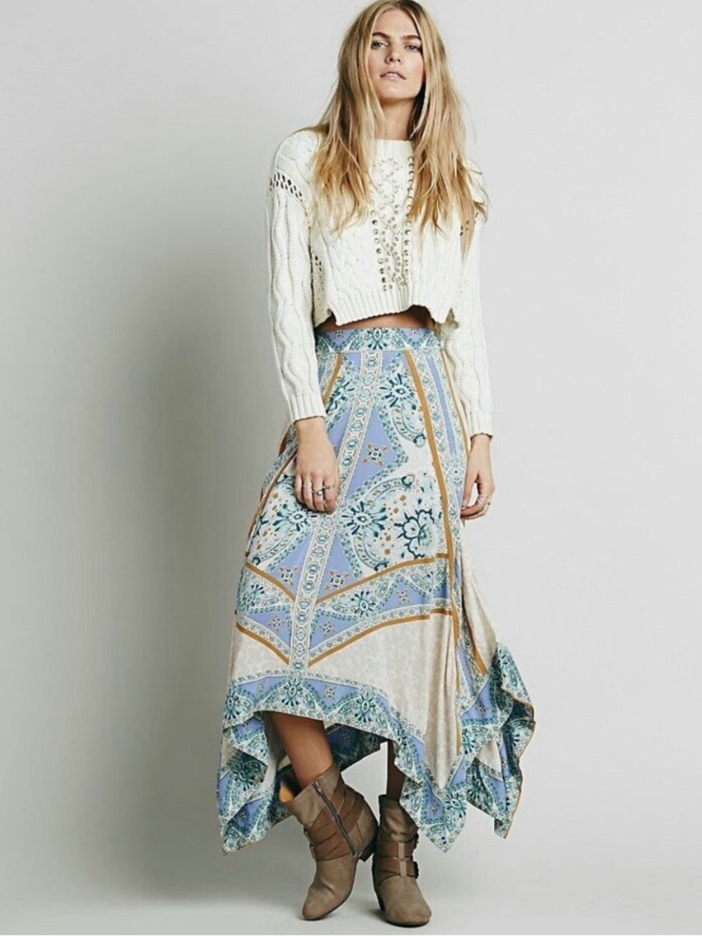 Free People Shark Bite Hem Maxi Skirt Boho Floral Size Small